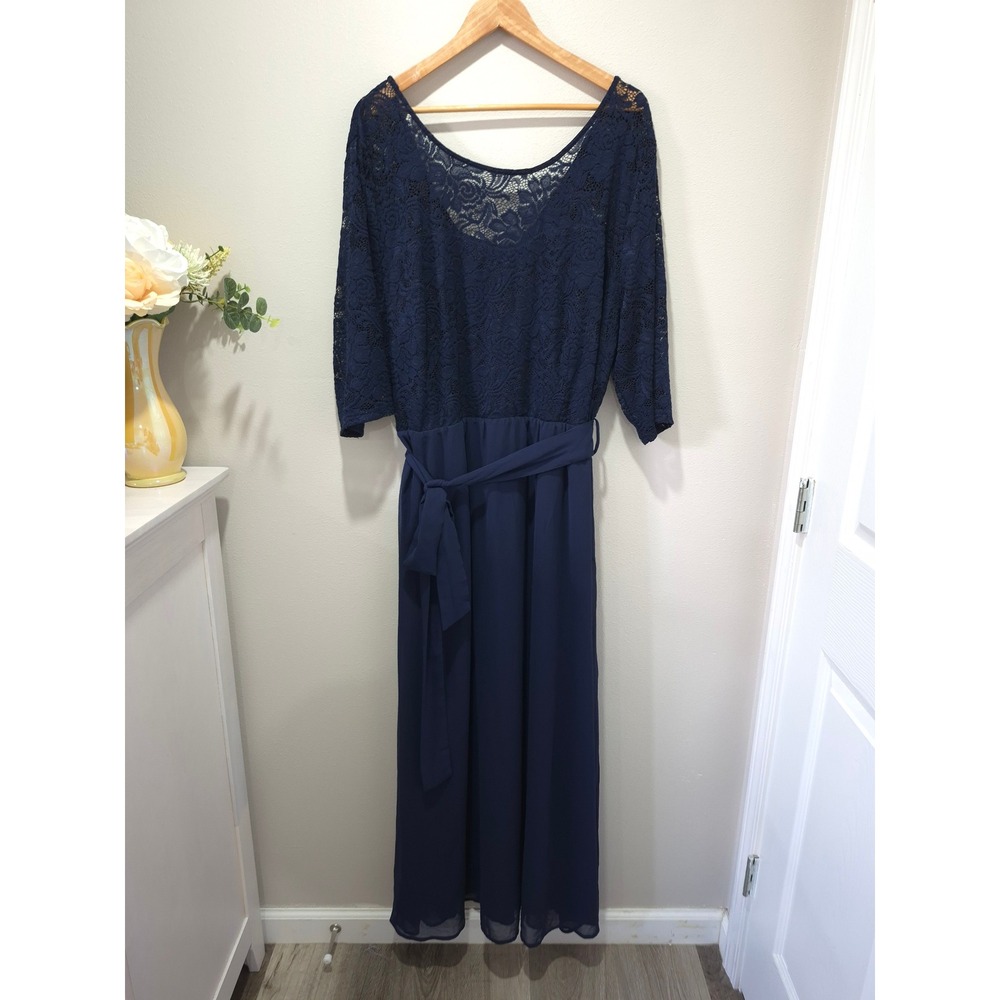 Navy Blue Lace‎ Bodice Chiffon Maxi Dress 3/4 Sleeve Formal Gown Tie Waist